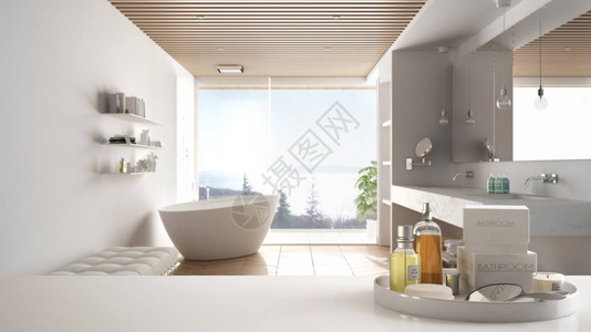 配有洗浴用品洗浴用品模糊的木质简约浴室现代图片
