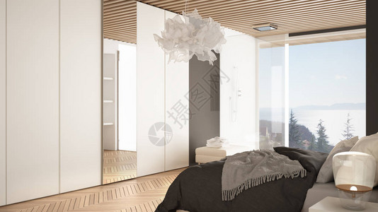 简约的白色和灰色卧室位于现代空间图片