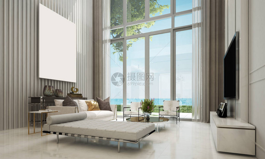 优雅的豪华室内设计和白墙条和海景图片