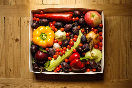 在木制地板上的白盒子中隔绝的蔬菜和水果秋季生命依然有效网上图片