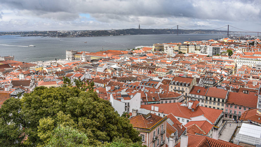 从葡萄牙里斯本阿尔法马的圣豪尔赫城堡对里斯本和塔图片