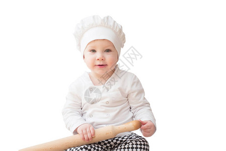 婴儿男孩厨师服装厨艺儿童在白种图片