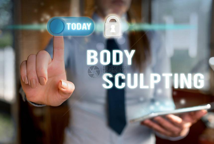 显示身体雕刻的书写笔记增加身体活动的商业概念是可见的肌肉张力现代技术女士前摆手蓝色图片