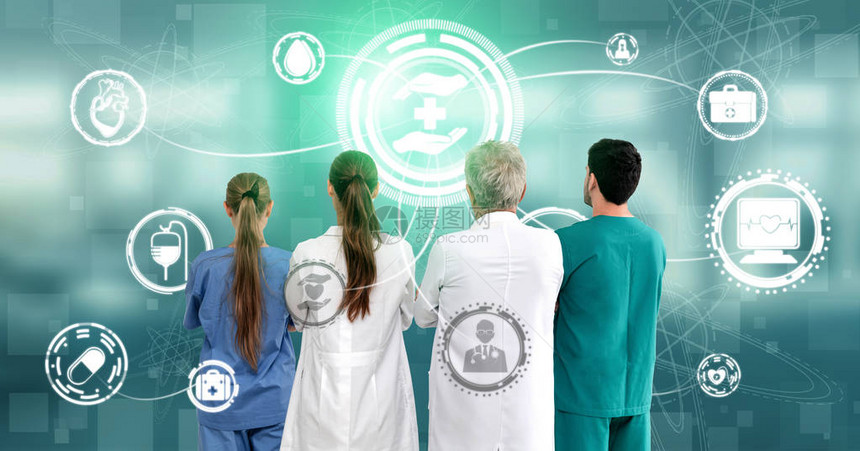 医疗保健概念医院生与数字医疗图标形横幅显示医学符号医疗保健人员紧急服务网络医生图片