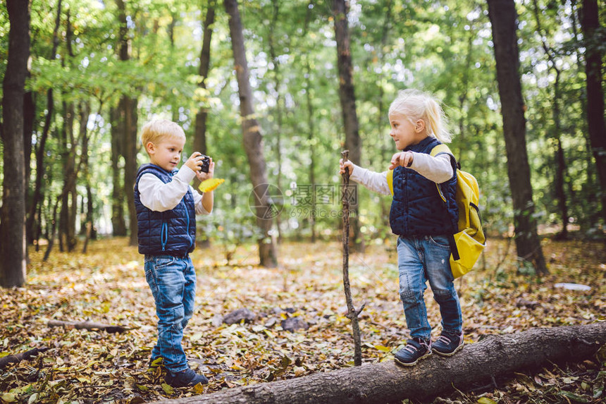 儿童学龄前儿童白种人兄弟姐妹在森林公园秋天用手机摄像头互相拍照儿童爱好和积极生活方式的主题图片