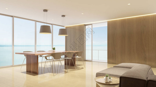 现代豪华的透视与海景背的餐桌图片