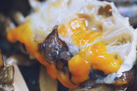 在泰国海产食品市场里蟹肉和螃蟹蛋图片