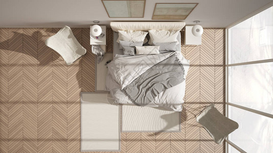 现代白色简约卧室带枕头和毯子的双人床人字形镶木地板床头柜扶手椅和地毯图片