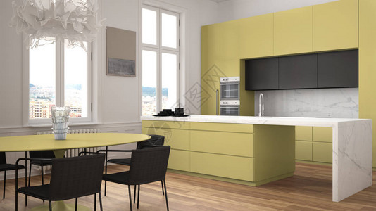 古典室内最小型的黄色和黑色厨房图片