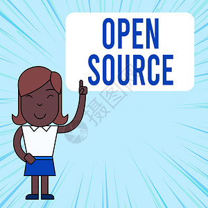 显示开源的文本符号商业照片展示了可免费获得原始源代码的软件女人站立背景图片