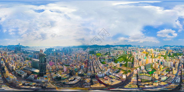 香港市中心鸟瞰图360度全景180度角无缝全景智慧城市的金融区和商业中心摩天大楼和背景图片