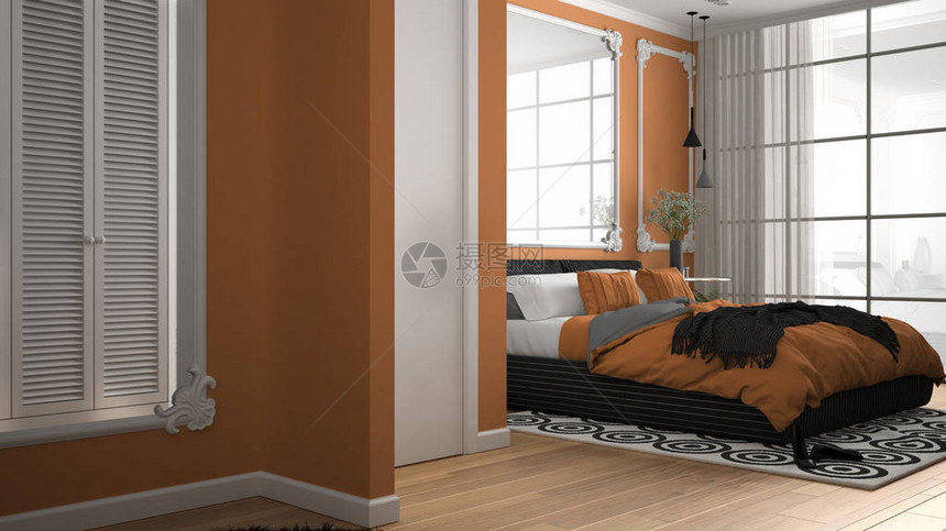 现代橙色卧室位于经典客房内图片