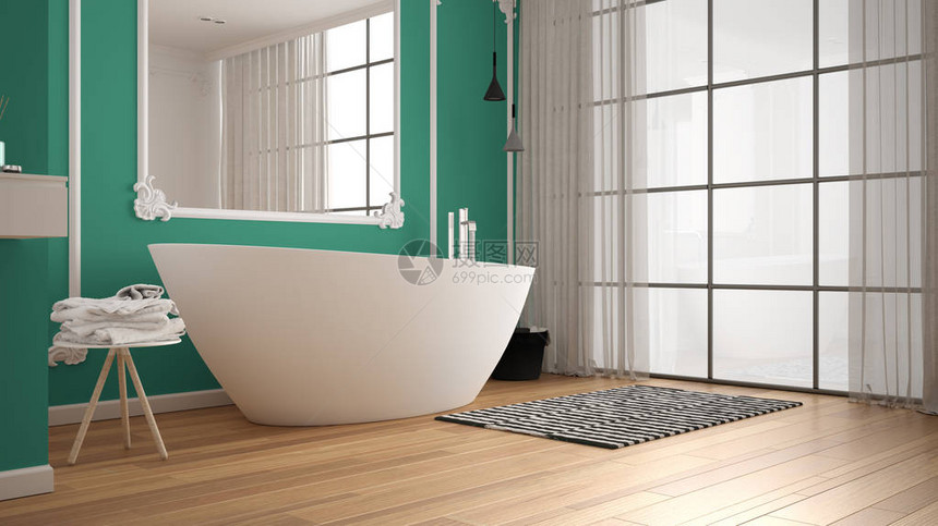 古典室内现代白色和绿宝石洗手间墙模面板配有地毯和附件的浴缸最小水槽和装图片