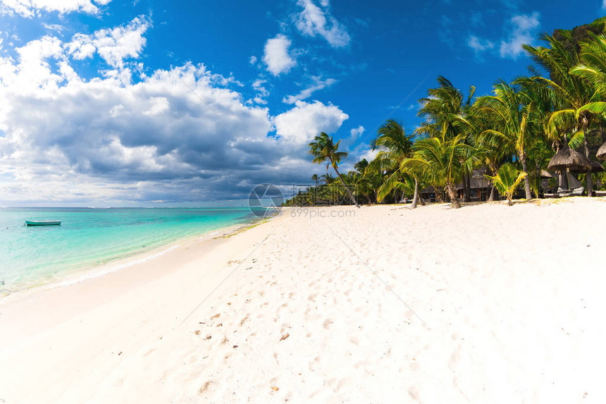 毛里求斯度假村的美丽景色透明的海洋白色的沙滩棕榈树和蓝天图片