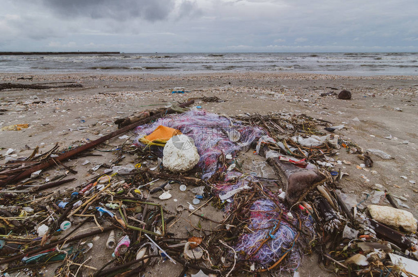 海滩塑料瓶躺在海滩上图片