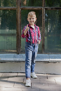 7岁的漂亮男孩站在图片
