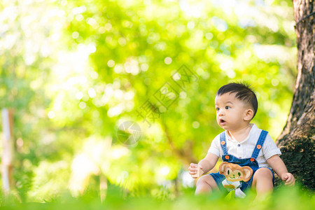 婴儿孩男在绿色草地城市公园玩游戏10图片