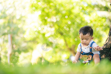 享受自然绿草的幼童在城市公园树下图片