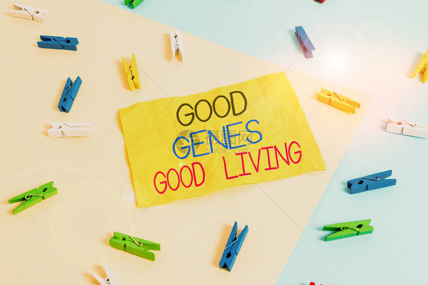手写文字写好基因好生活概念照片遗传基因导致长寿健康生活彩色衣夹纸空提醒黄色蓝地图片