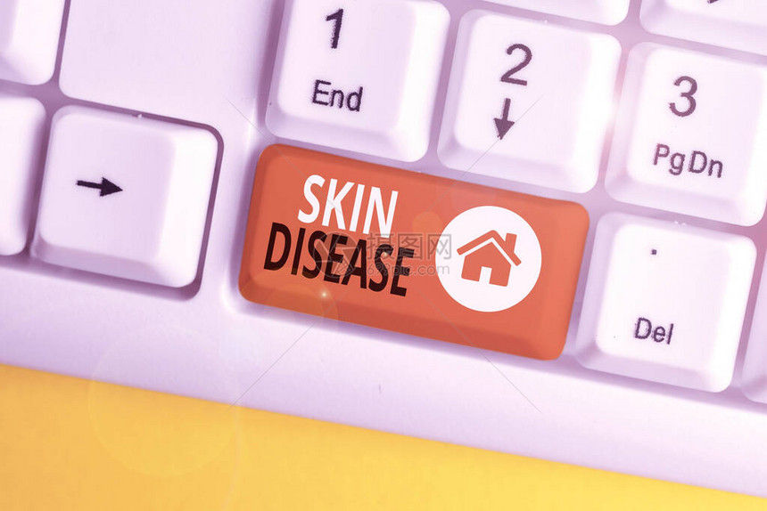 显示皮肤病的概念手写概念意味着任何影响huanalysis皮肤的疾病或紊乱白色pc键盘图片
