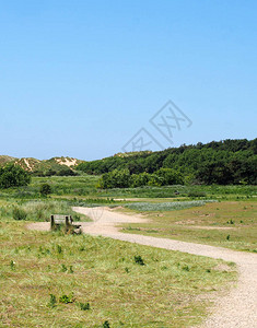 阿穆塞德一条穿过沙丘和草地的通风小道在阿福德比附近背景