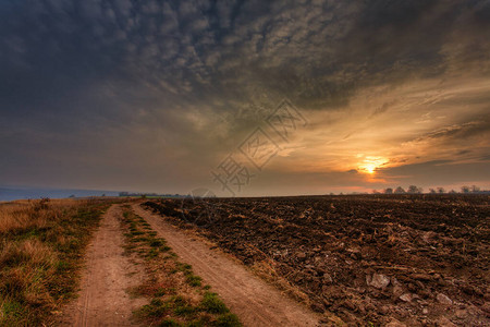 日落时犁过的田野上的土路图片