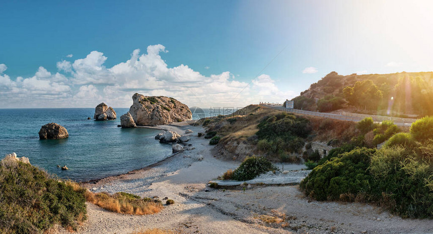 阿芙罗狄蒂出生地风景如画的海岸的宽幅空中全景拍摄一个受欢迎的度假胜地希腊PetratouRomiou的岩石旅游度假旅游图片