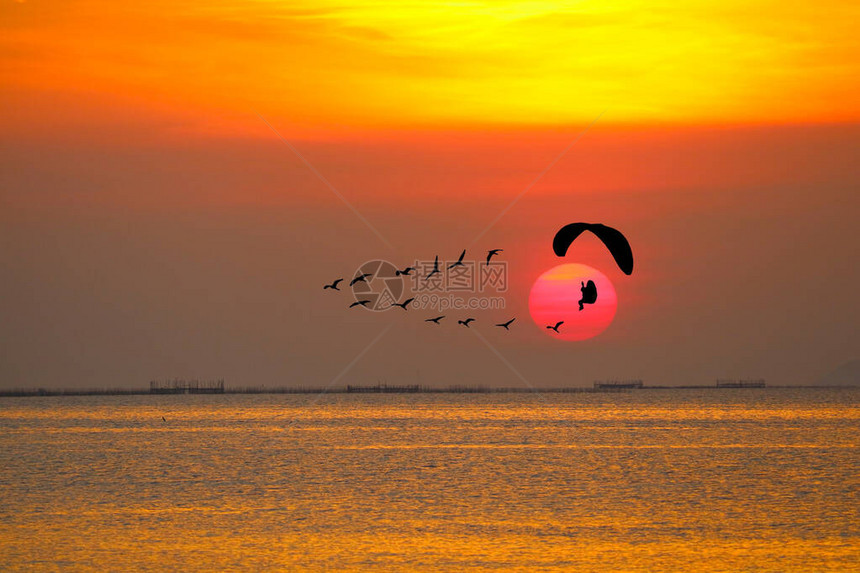 日落飞鸟和海面的双月光抛浮机以及天空色彩多图片