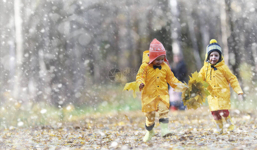 蹒跚学步的孩子们在秋天的公园里散步秋林初霜雪孩子们在公园图片