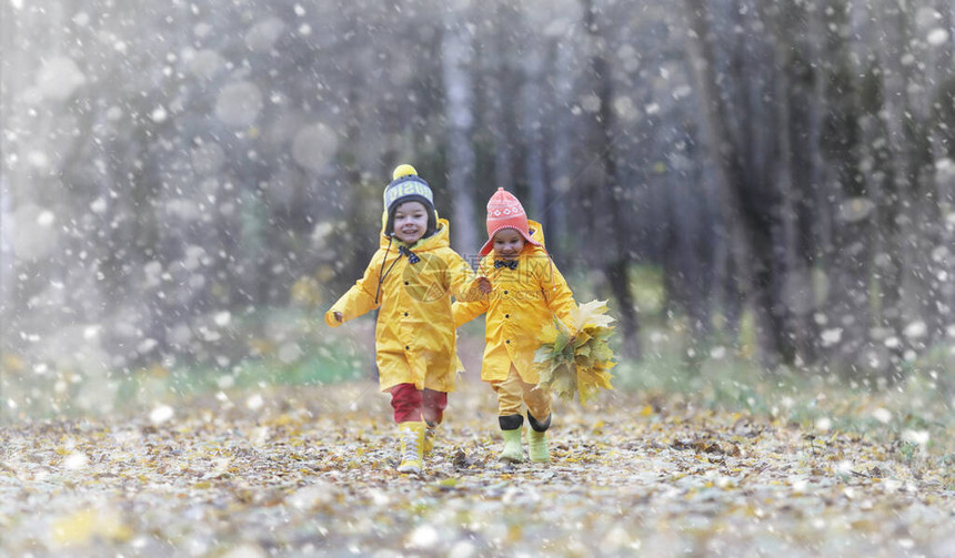 蹒跚学步的孩子们在秋天的公园里散步秋林初霜雪孩子们在公园图片