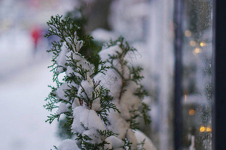 美丽的圣诞背景与花环和散景新年彩色图片设计的冬季城图片