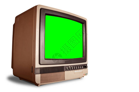 白色背景与剪切路径隔离的空白绿屏幕旧回溯式家电视接收图片