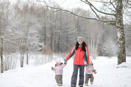 孩子们在冬天在公园里散步冬季森林家庭带着孩子散步寒冷的冬日图片