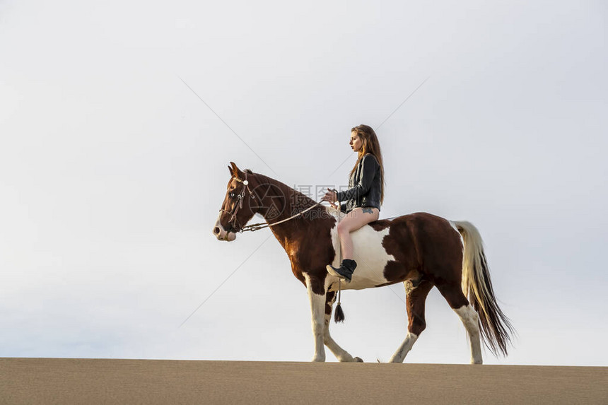 一位年轻的黑发女人在沙漠环境中和她的马图片