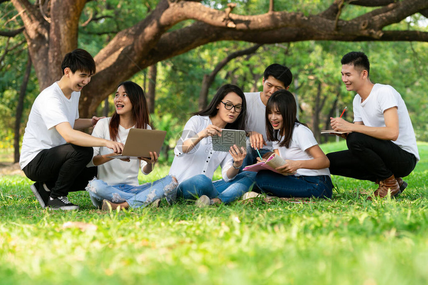 在大学或校公园的小组项目中学习的年轻学生团队快乐学习社区团队合作和图片