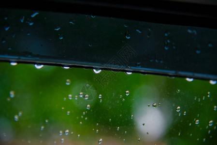 有绿树自然背景的玻璃上的雨滴浪漫片场景内容彩色雨滴图片