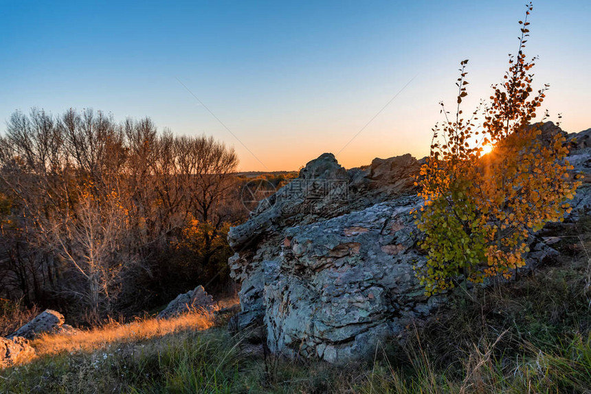 有岩石秋树和日落前晴天的图图片
