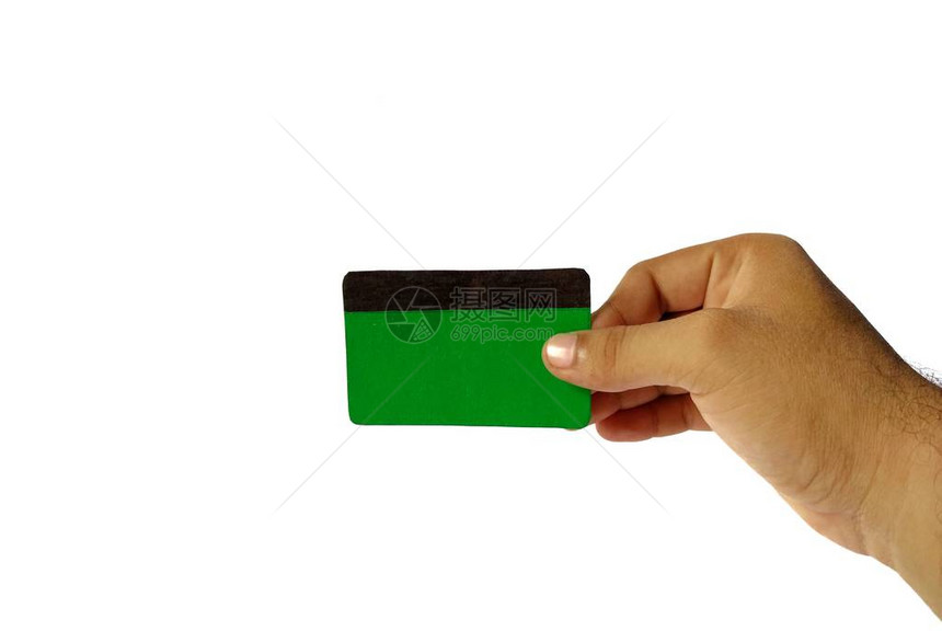 手持白色背景的空白绿色信用卡Finance图片