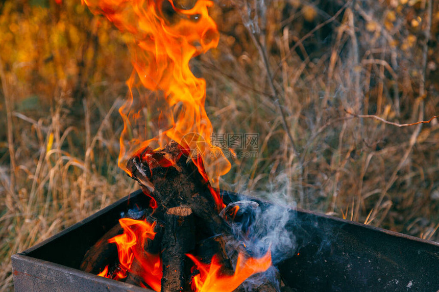 在火上烧木炭烧烤特写图片