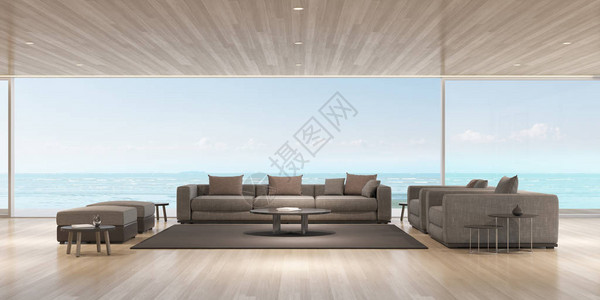 现代豪华和沙发在海观背景家庭度假概念3D图片
