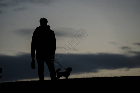 山上傍晚散步的狗人影图片