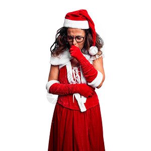 身着圣诞老人服装的中年妇女感到不舒服图片