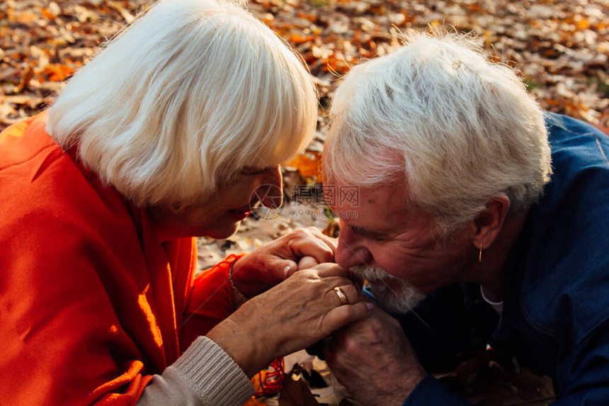 关闭一个快乐的老人亲吻他妻子的手肖像图片