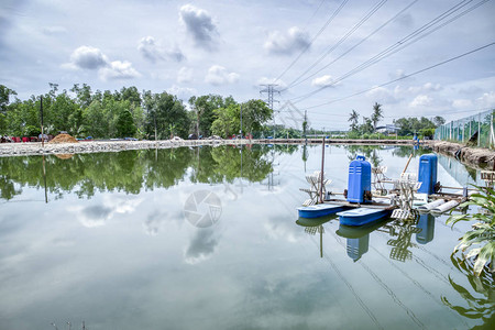 池塘上的水产养殖曝气机图片