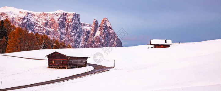 在AlpediSiusi日出时的令人惊叹的冬季景观白云岩意大利冬图片