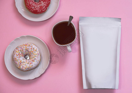 用于储存咖啡茶叶和甜圈的纸质生态袋模板图片