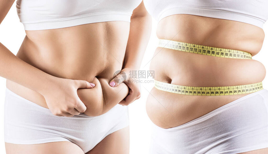 胖女人的腹部折叠和测量胶图片