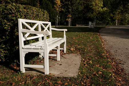 秋天时节花园里的白色露台长椅图片