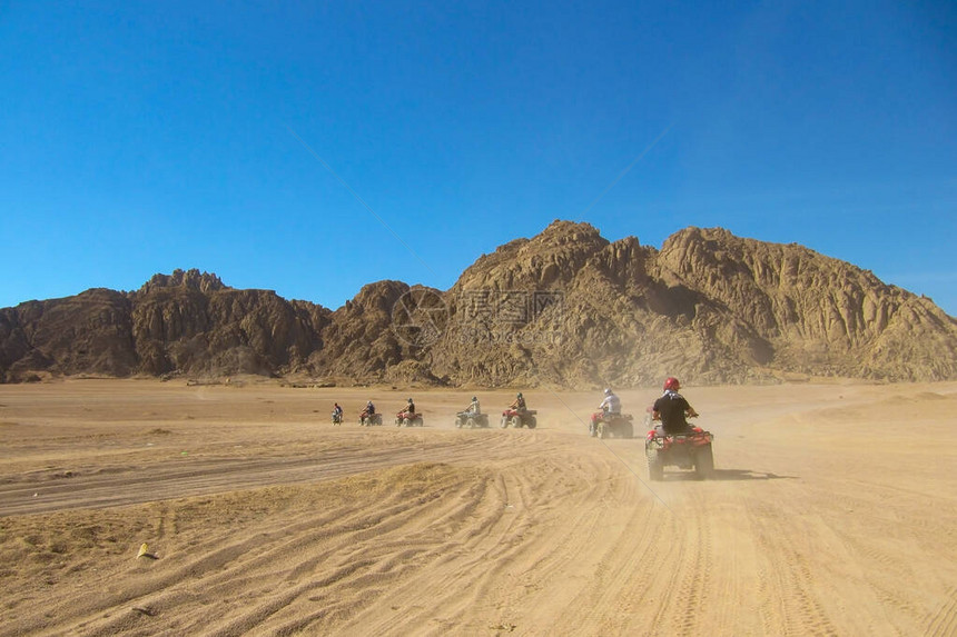 一群游客乘坐四重奏自行车穿过沙漠旅行图片