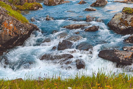 山河的蓝色水海潮以及绿水和石块结岸图片